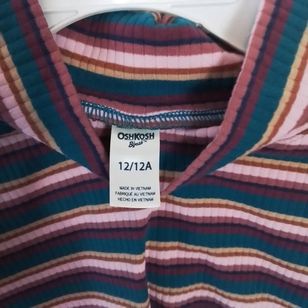 OshKosh High Waist Mock Neck Ribbed Top Size 12 Pink, Tan,‎ Teal Stripes